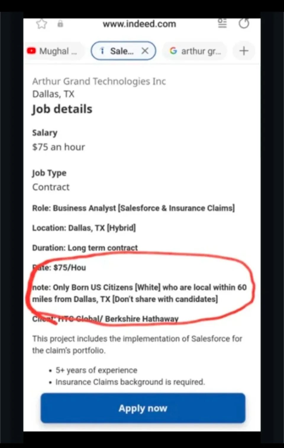 A screenshot of a job posting from Indeed for a Business Analyst role at Arthur Grand Technologies Inc in Dallas, TX…