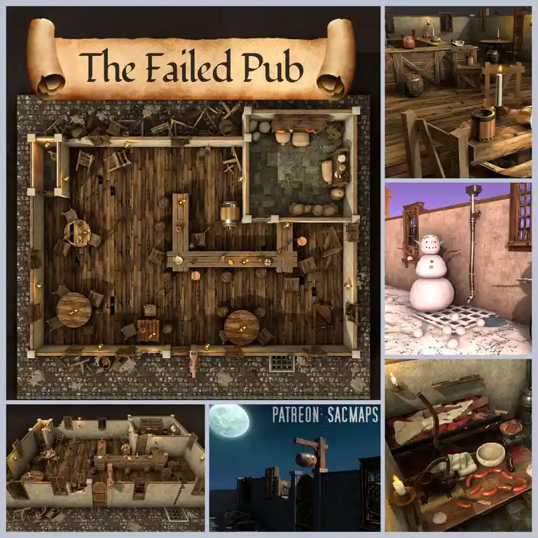 A collage of six images showcasing a poorly designed fantasy pub, featuring a top-down floor plan with broken furniture, a…