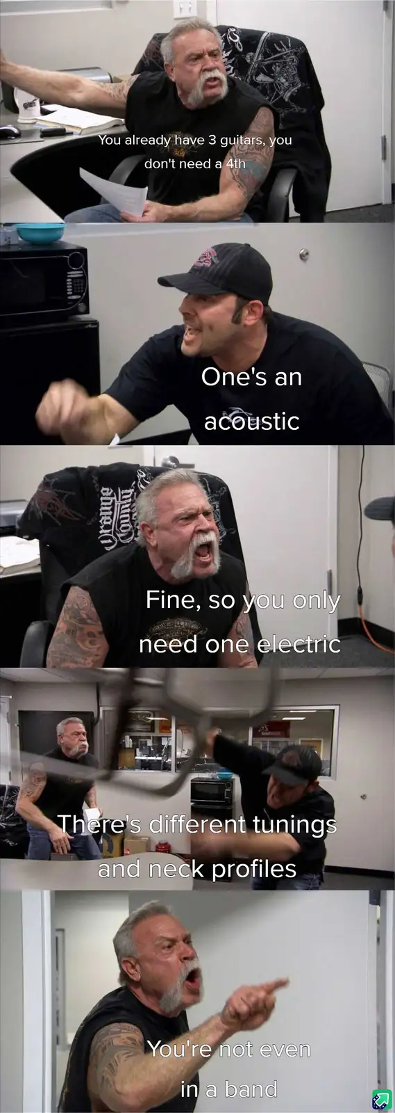 A five-panel meme featuring two men in an office setting. The older man with a white beard and tattoos argues with a younger…
