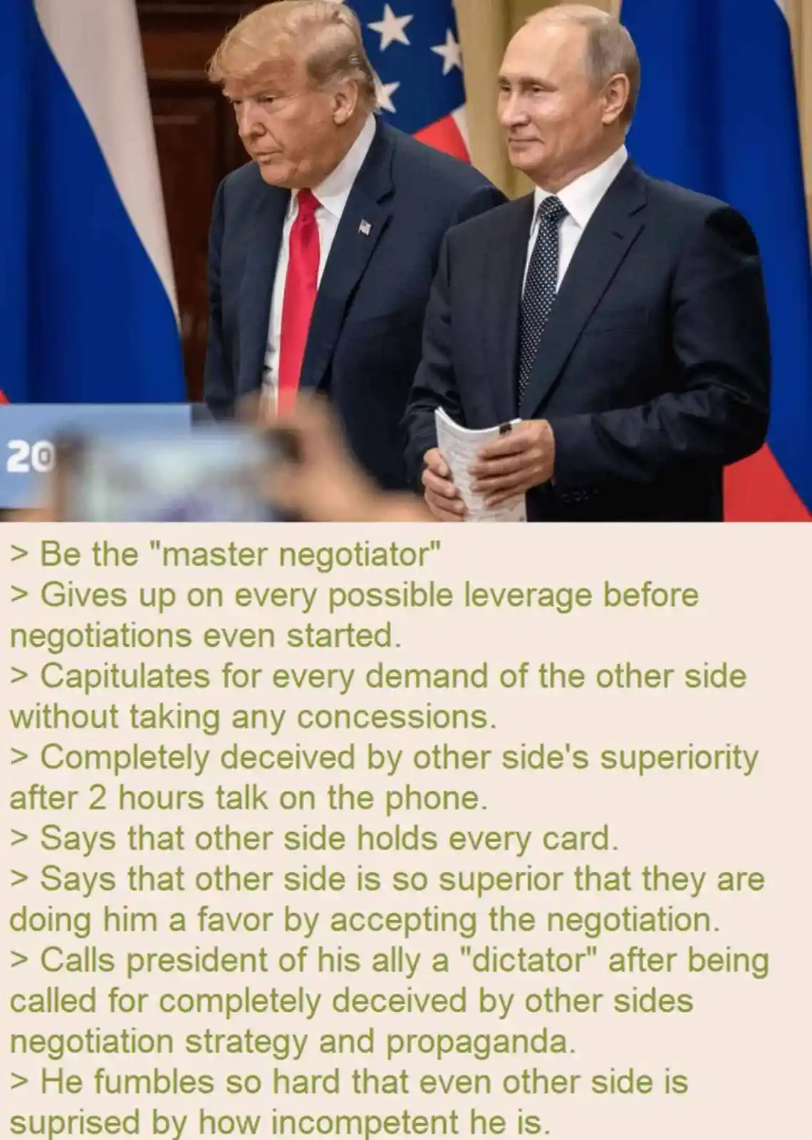 The image shows two men in suits standing side by side in front of national flags, with overlaid text listing absurdly…
