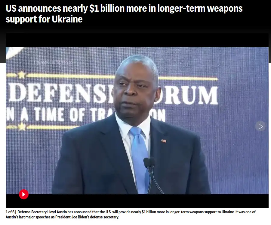 A still image from a video shows Defense Secretary Lloyd Austin at a podium during a 'Defense Forum' event, looking serious…