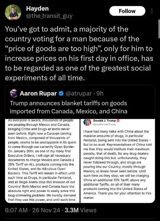 A screenshot of a Twitter thread where user Hayden comments that voters chose a candidate for high prices, only for him to…