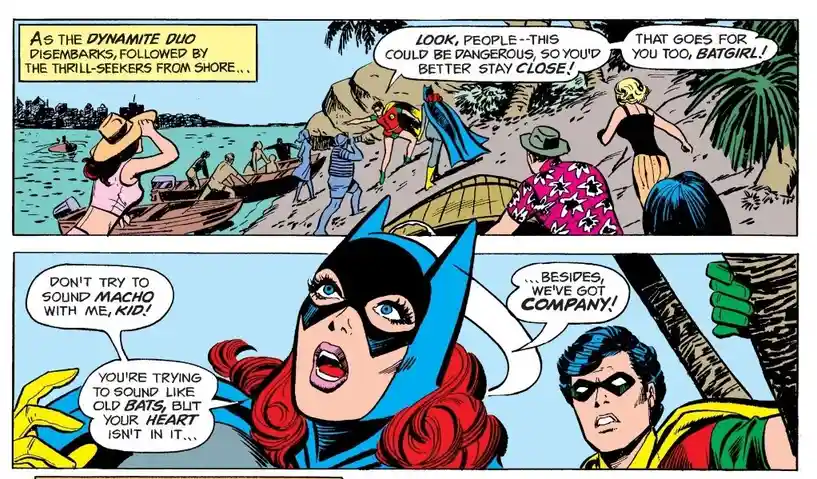A comic book panel shows Batman and Robin warning beachgoers to stay close, with Robin adding that Batgirl is included…