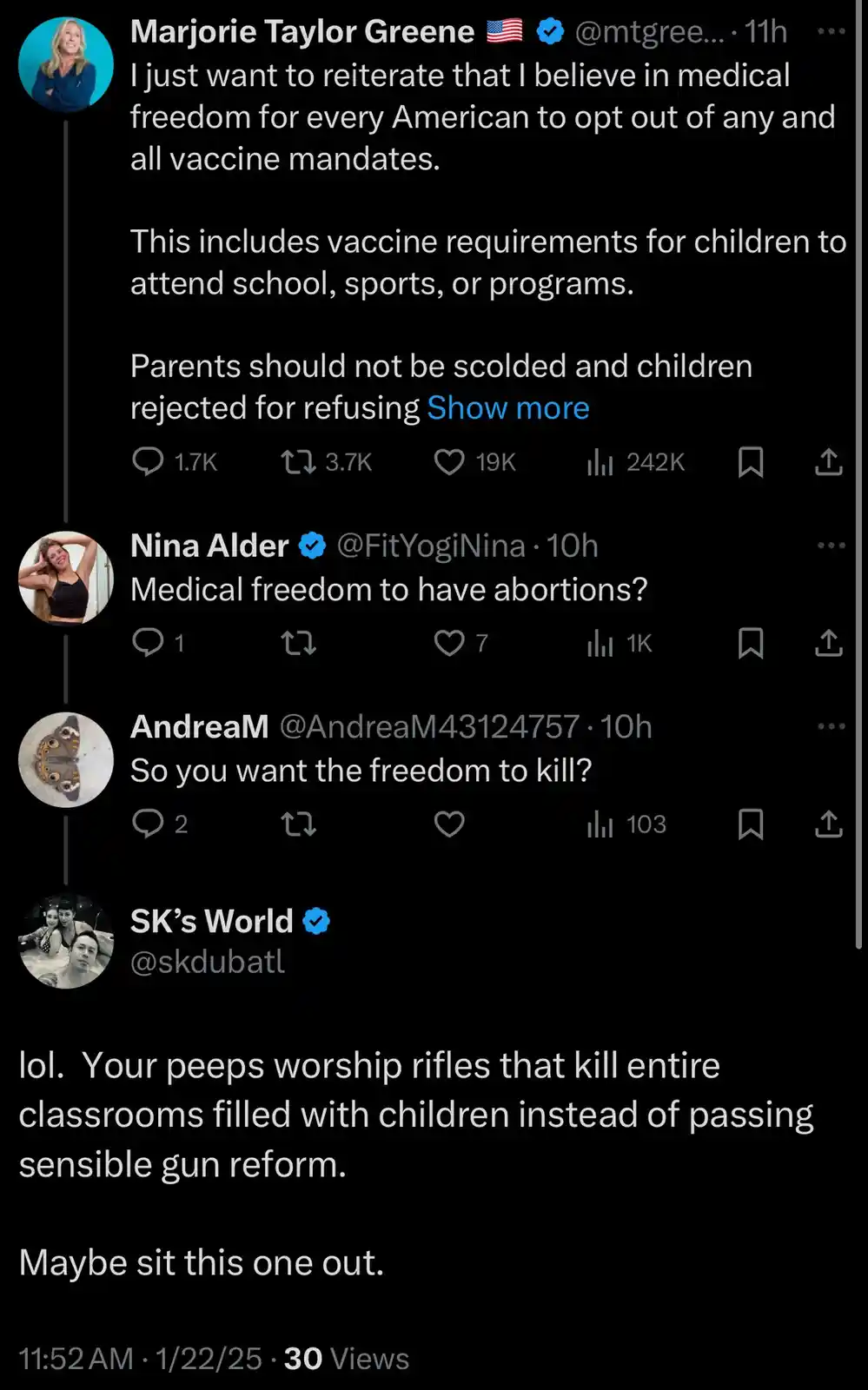 A screenshot of a Twitter thread shows Marjorie Taylor Greene's tweet advocating for medical freedom to opt out of all…
