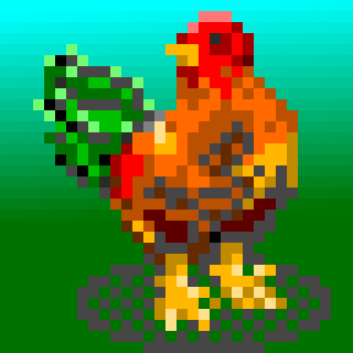 A pixelated, low-resolution image of a rooster standing on grass with a green gradient background. The rooster is depicted…
