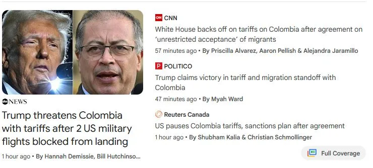 The image displays two side-by-side photos of Donald Trump and a Colombian official, overlaid with three news headlines from…