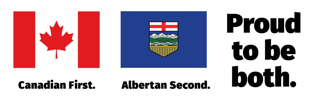 The image displays the Canadian flag with the text 'Canadian First.' below it, next to the flag of Alberta with the text…