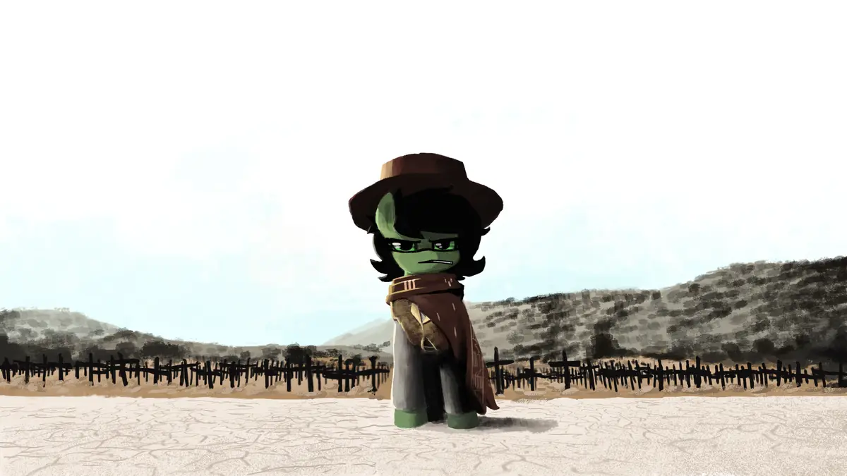 A green-skinned, chibi-style cartoon character with black hair and a brown cowboy hat stands in a barren, cracked desert…
