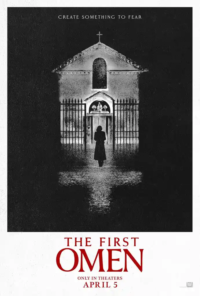 A black-and-white movie poster for 'The First Omen' shows a silhouette of a person in a long coat standing before a church…