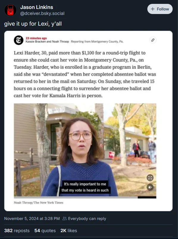 A screenshot of a social media post showing a news article about Lexi Harder, a 30-year-old woman in Berlin, who paid over…