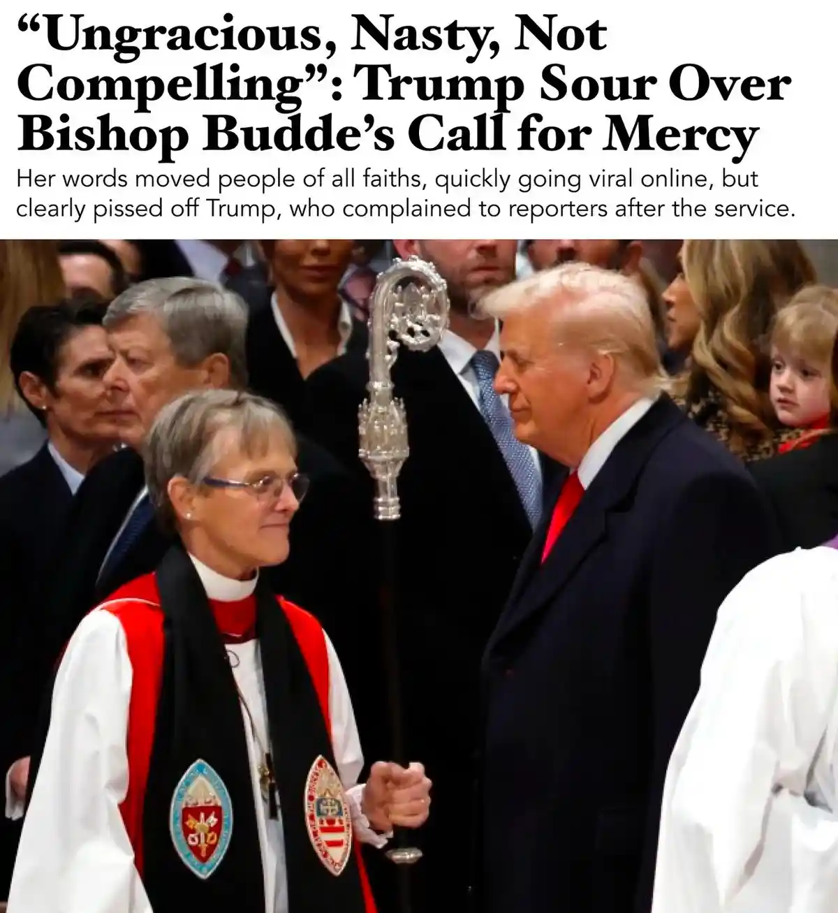 A photo shows Donald Trump in a dark suit and red tie standing beside Bishop Mariann Budde, who wears clerical robes and…