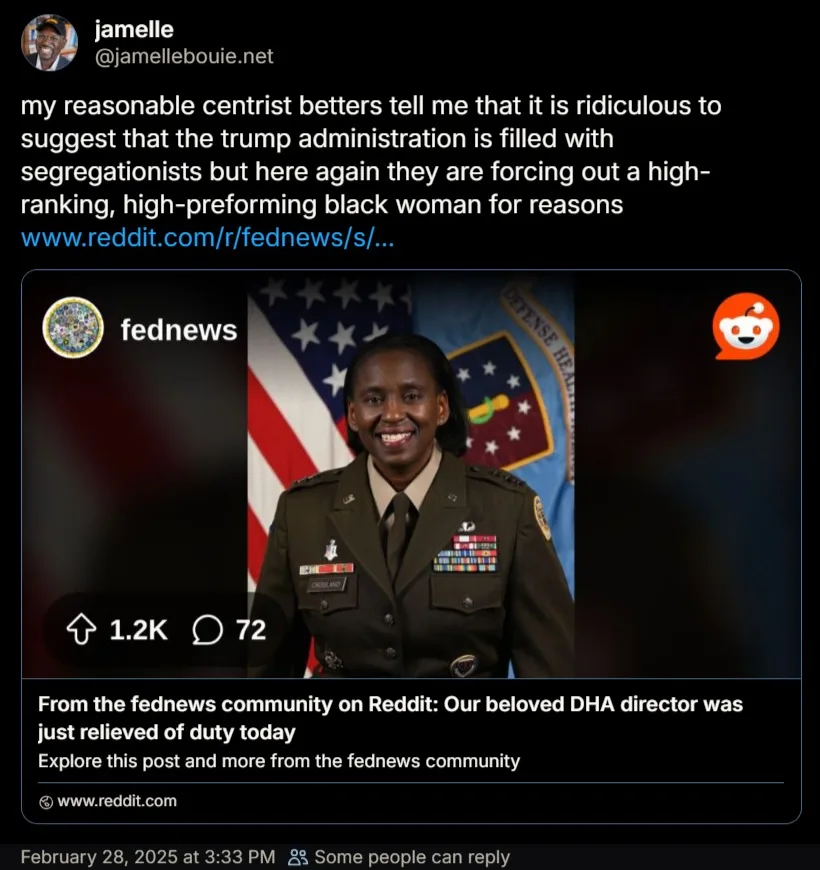A screenshot of a Twitter post by user jamelle, which includes a Reddit post from 'fednews' showing a smiling Black woman in…