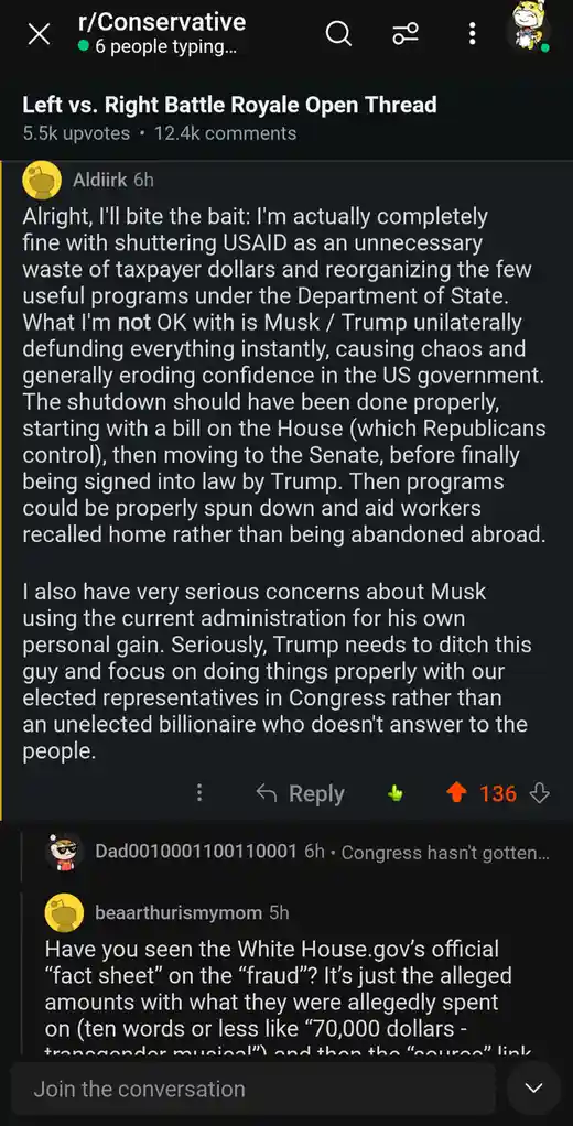 A screenshot of a Reddit comment thread in r/Conservative, showing a user named Aldiirk arguing that shutting down USAID is…
