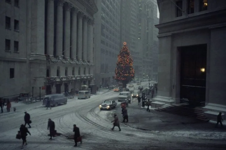 a snowy, atmospheric street scene in front of grand stone buildings, with a large, lit christmas tree standing prominently…