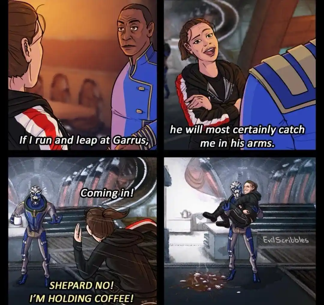 A four-panel comic strip featuring characters from Mass Effect. The first panel shows a female character speaking to a male…