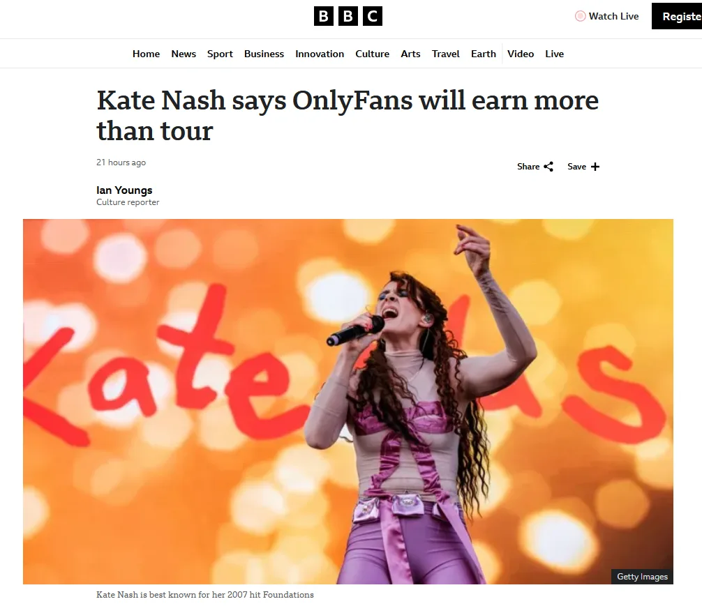 A BBC news article screenshot shows singer Kate Nash performing on stage, holding a microphone and wearing a purple outfit…