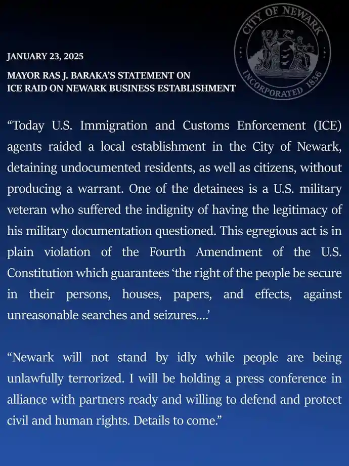 A dark blue document styled as a formal statement from the City of Newark dated January 23, 2025, featuring the city seal…