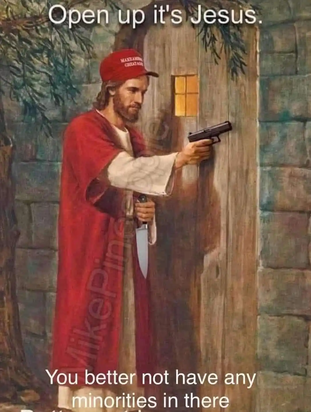 A digitally altered painting depicts a man resembling Jesus Christ wearing a red 'Make America Great Again' cap, holding a…