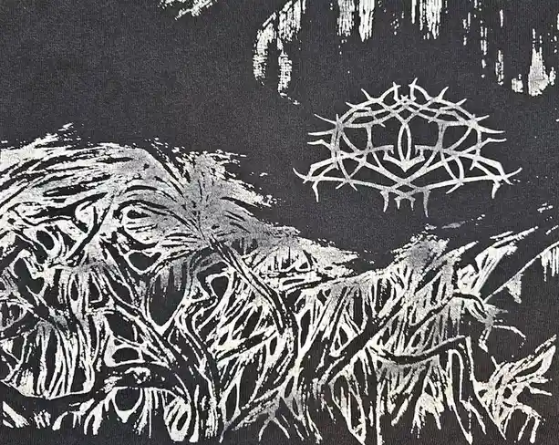 A black-and-white, textured graphic depicts a monstrous, tangled creature with a single visible eye, resembling a grotesque…