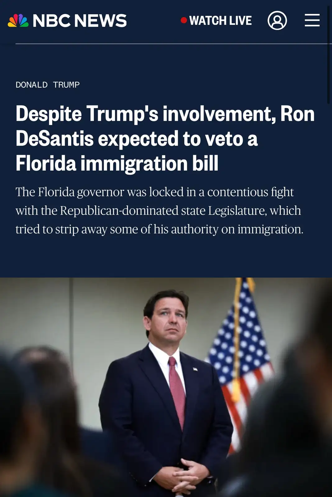 An NBC News article screenshot shows Ron DeSantis in a suit standing before an American flag, with the headline stating that…