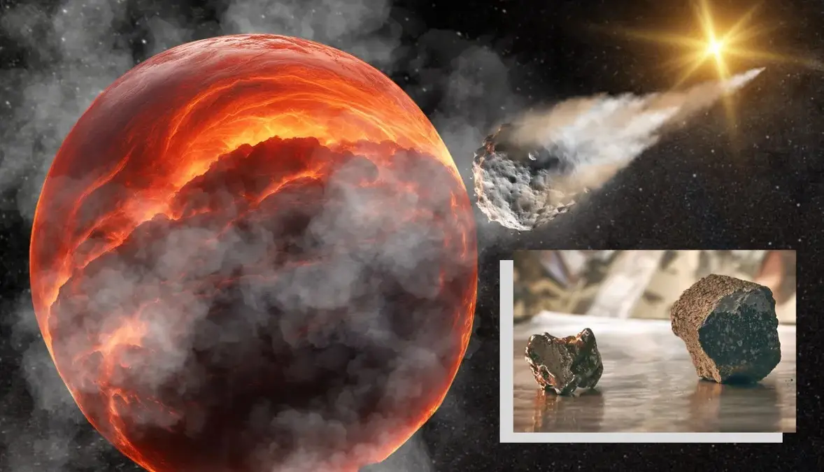 a digitally composed image shows a large, fiery, lava-covered planet with swirling clouds, while a large asteroid streaks…