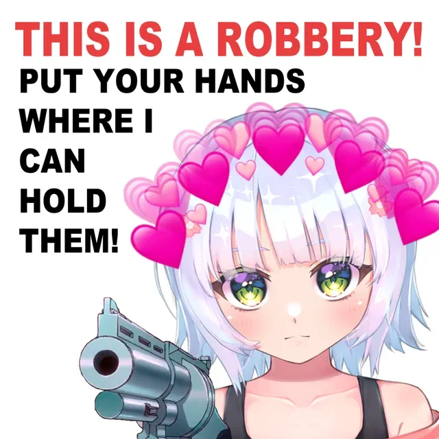 An anime-style girl with silver hair and green eyes holds a futuristic gun while pink hearts float around her head. Large…