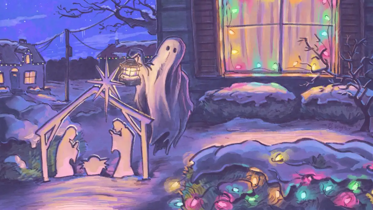 A whimsical, snowy night illustration shows translucent ghost figures arranged as a nativity scene, with one ghost holding a…