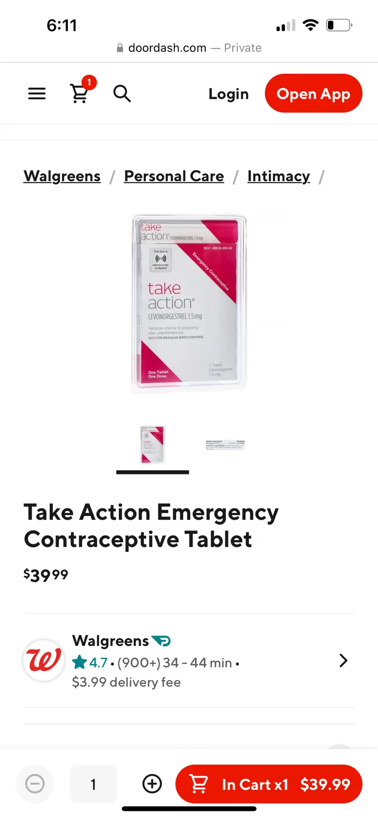 A screenshot of a DoorDash mobile page showing a Walgreens product listing for 'Take Action Emergency Contraceptive Tablet'…