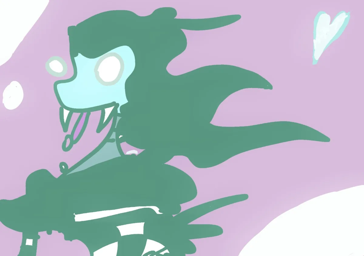 A cartoonish green dragon with a light blue face, sharp teeth, and flowing mane is depicted against a purple background with…