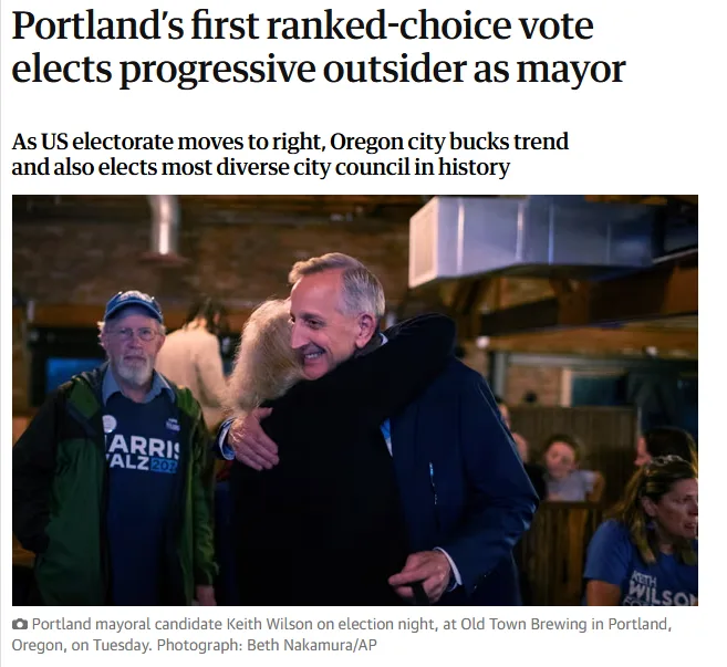 A newspaper article headline reads 'Portland's first ranked-choice vote elects progressive outsider as mayor' above a photo…