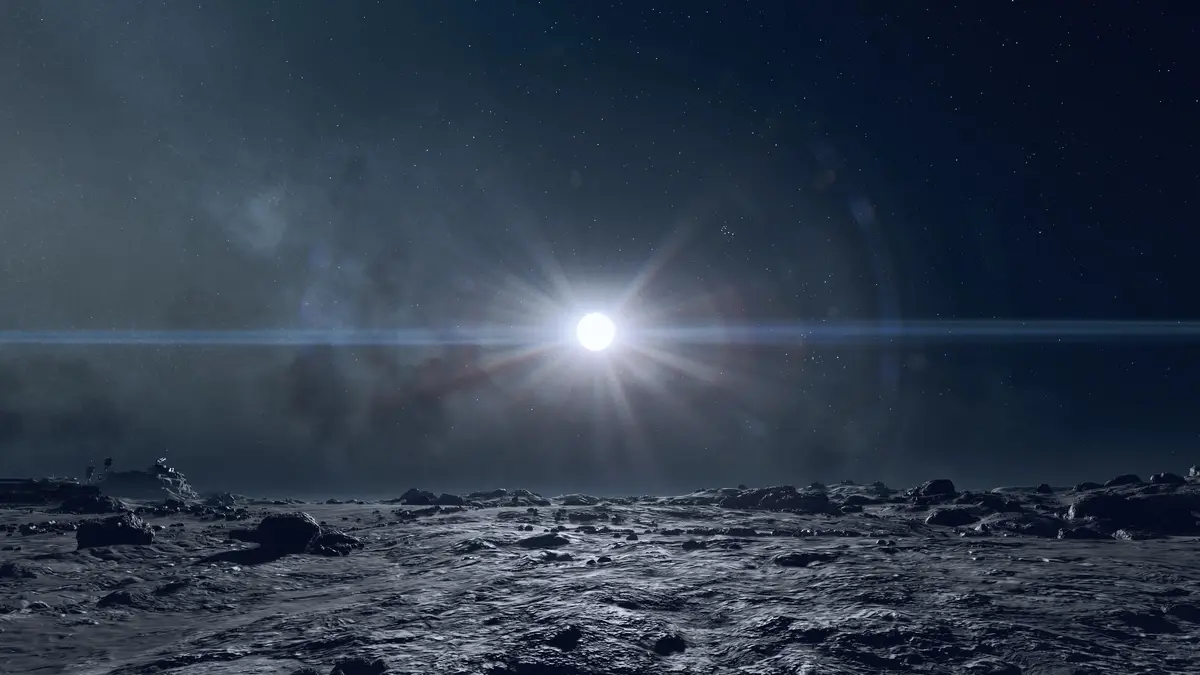 A dark, rocky alien landscape under a starry sky with a bright sun or star shining intensely in the center, casting lens…