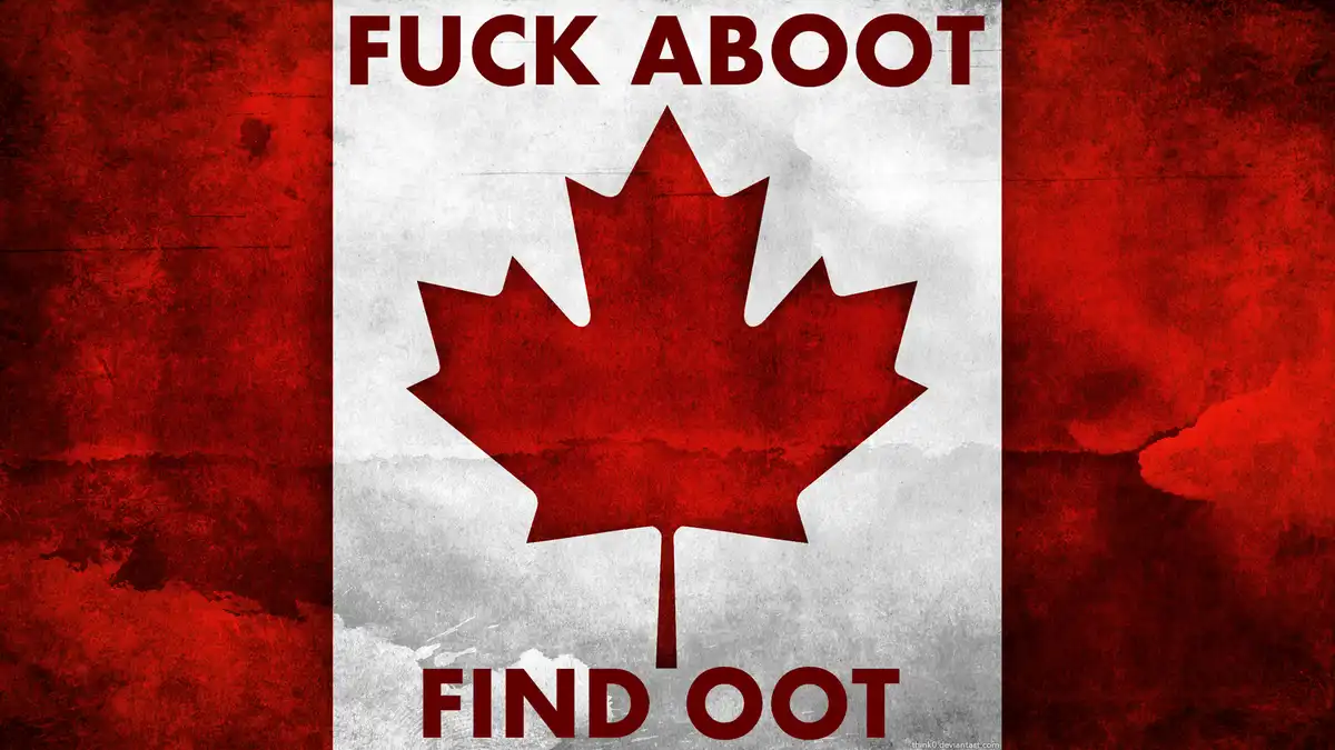 The image displays a stylized Canadian flag with a distressed, grungy texture. Overlaid in bold, dark red text are the…