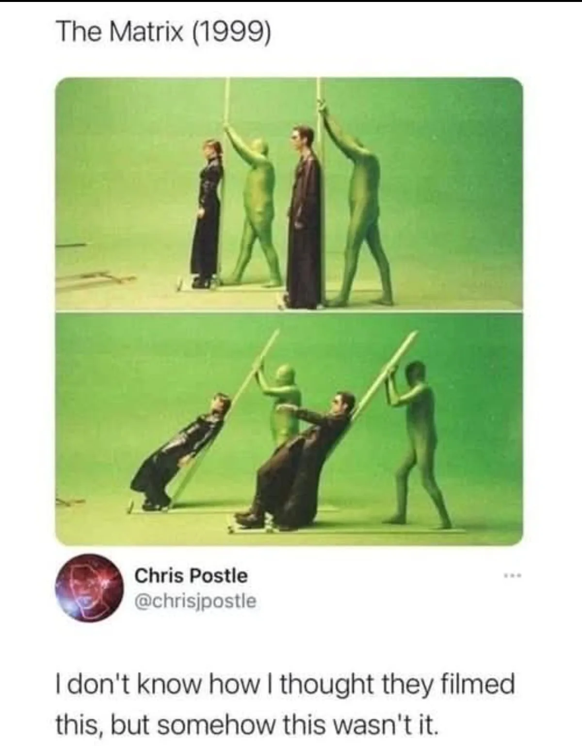 The image shows two behind-the-scenes photos from 'The Matrix (1999)' with actors in full costume standing and sitting on…