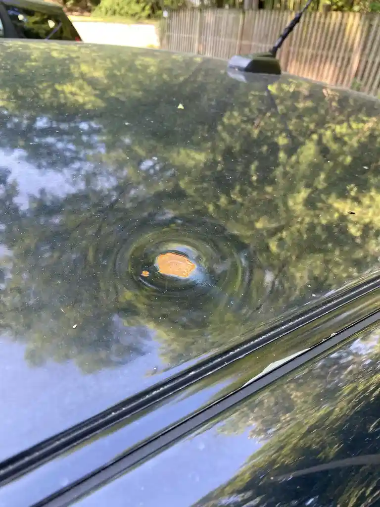 A close-up photo shows a dark green car hood with a small, rusted, circular dent in the center, surrounded by concentric…