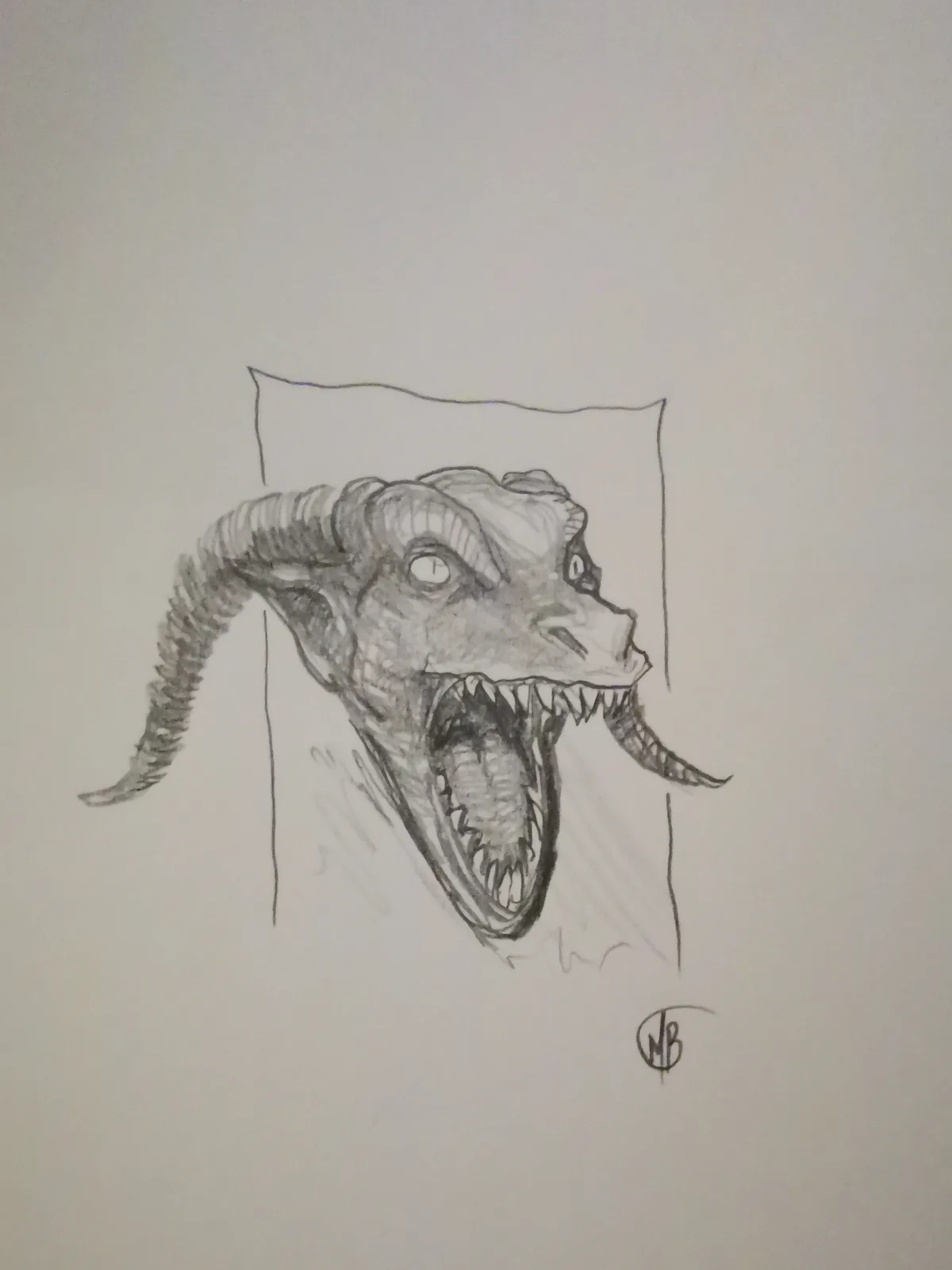 A pencil sketch of a demonic creature's head with a long, spiraled horn, sharp teeth, and an open mouth, drawn inside a…