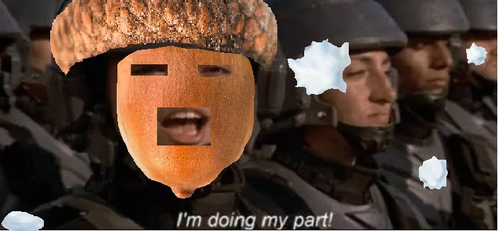 A still from a movie showing soldiers in helmets, with a large orange fruit (likely a tangerine or clementine) superimposed…