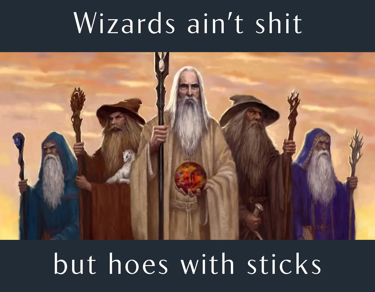 An illustration of five bearded wizards in robes holding staffs stand against a sunset sky. The top text reads 'Wizards…