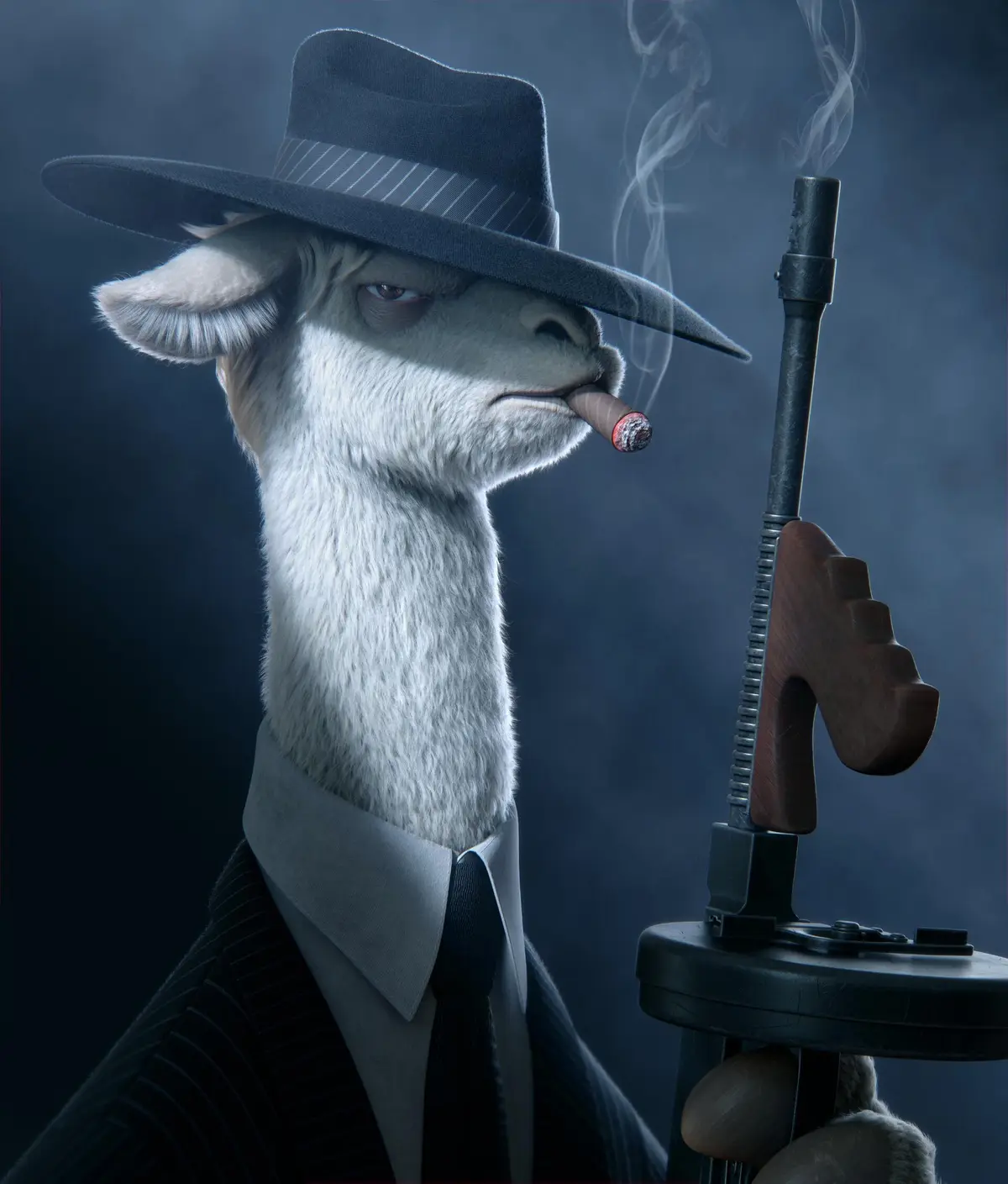 A digitally rendered white llama dressed in a pinstripe suit, wearing a fedora, and smoking a cigar while holding a…
