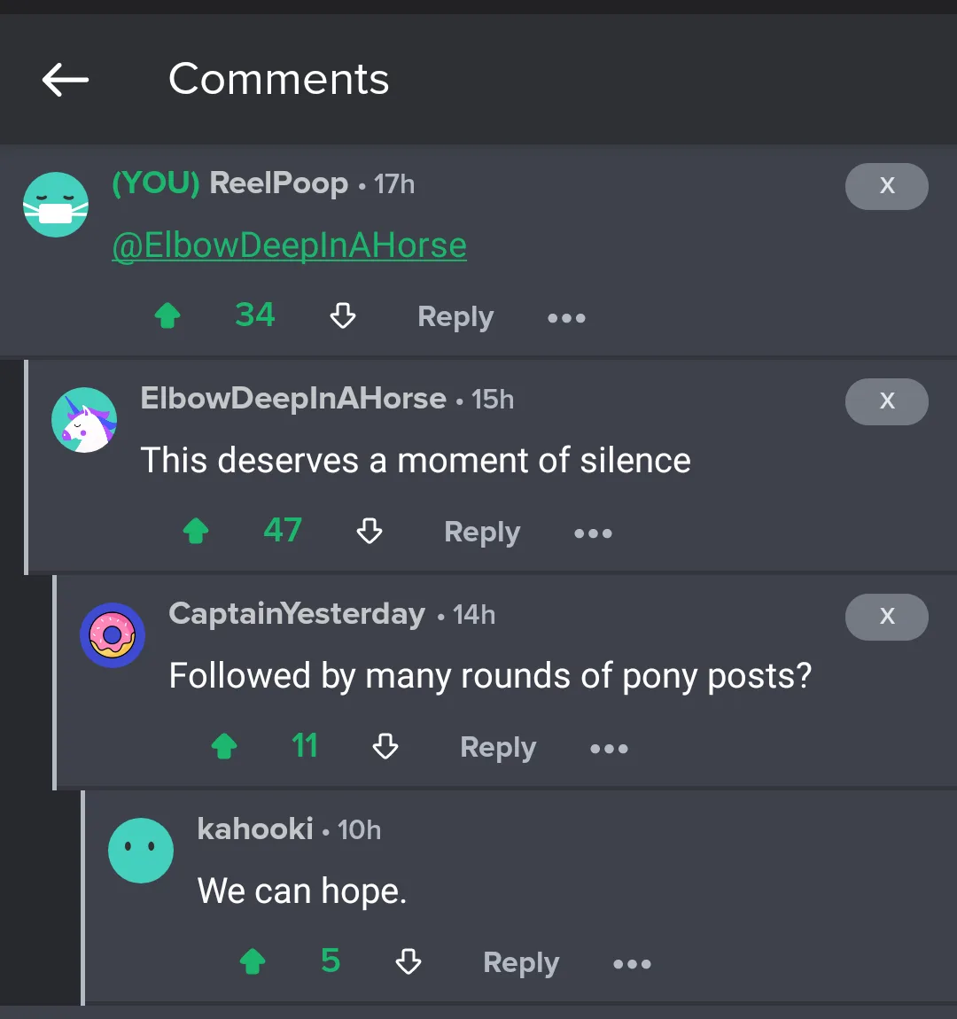 A screenshot of a social media comment section shows a user named 'ReelPoop' posting '@ElbowDeepInAHorse' with 34 upvotes…
