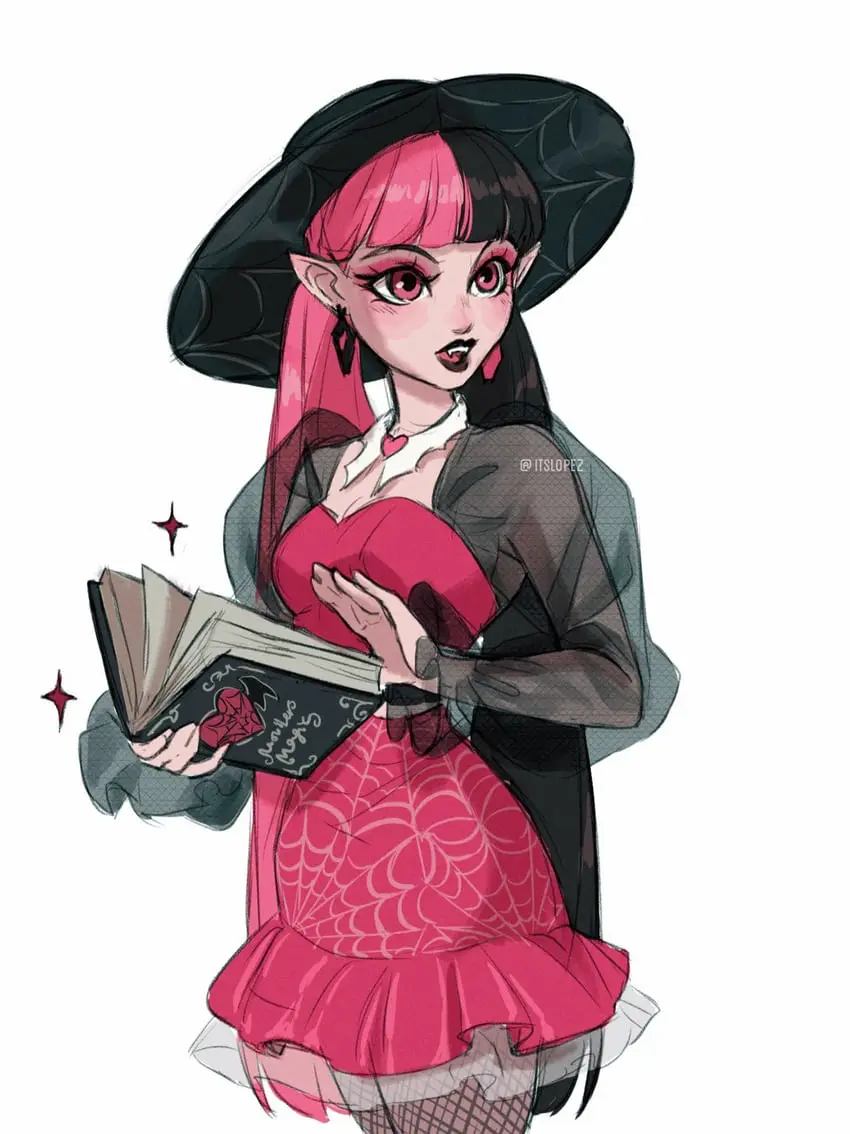 An anime-style illustration of a young woman with pink and black hair, pointed ears, and a wide-brimmed black hat, wearing a…