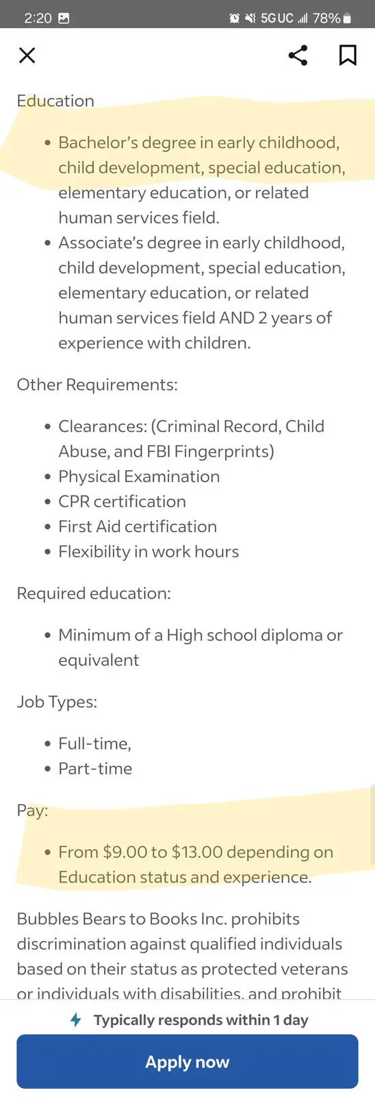 A screenshot of a job posting for 'Bubbles Bears to Books Inc.' shows a job listing with highlighted sections. The…
