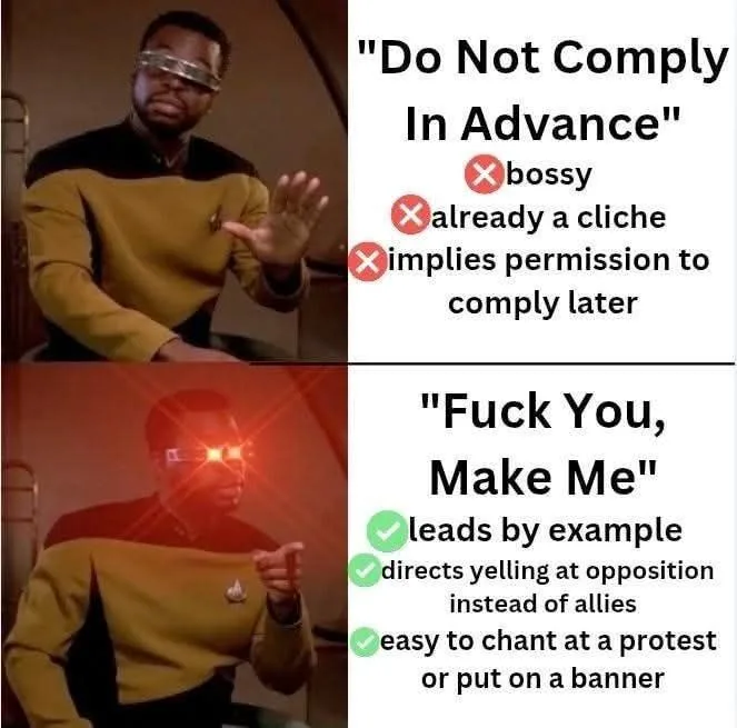 The image is a two-panel meme featuring the character Worf from Star Trek: The Next Generation. In the top panel, he wears…