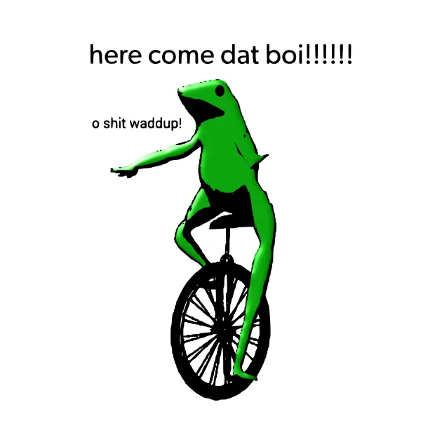 A green cartoon frog is riding a unicycle, pointing forward with one arm extended. Above the frog, the text reads 'here come…