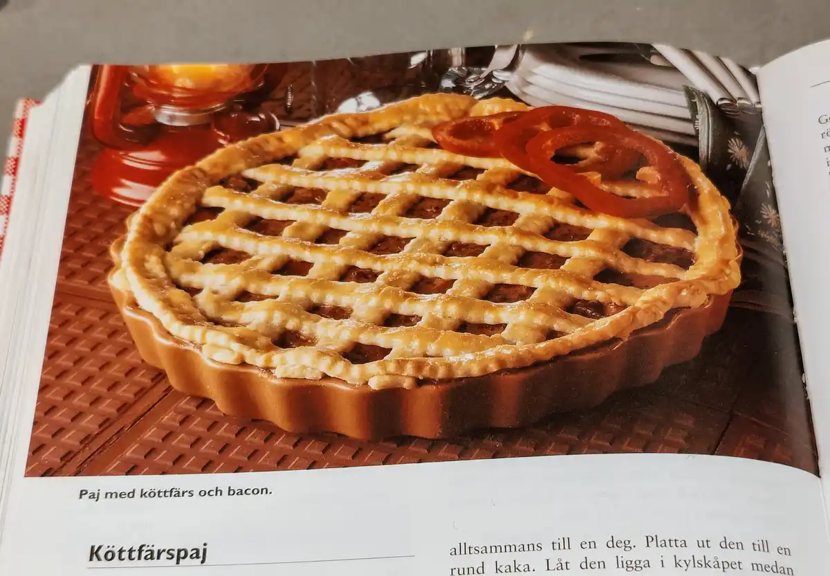 A close-up photo of a golden-brown meat pie with a lattice crust and red pepper slices, shown in a cookbook. The overlaid…