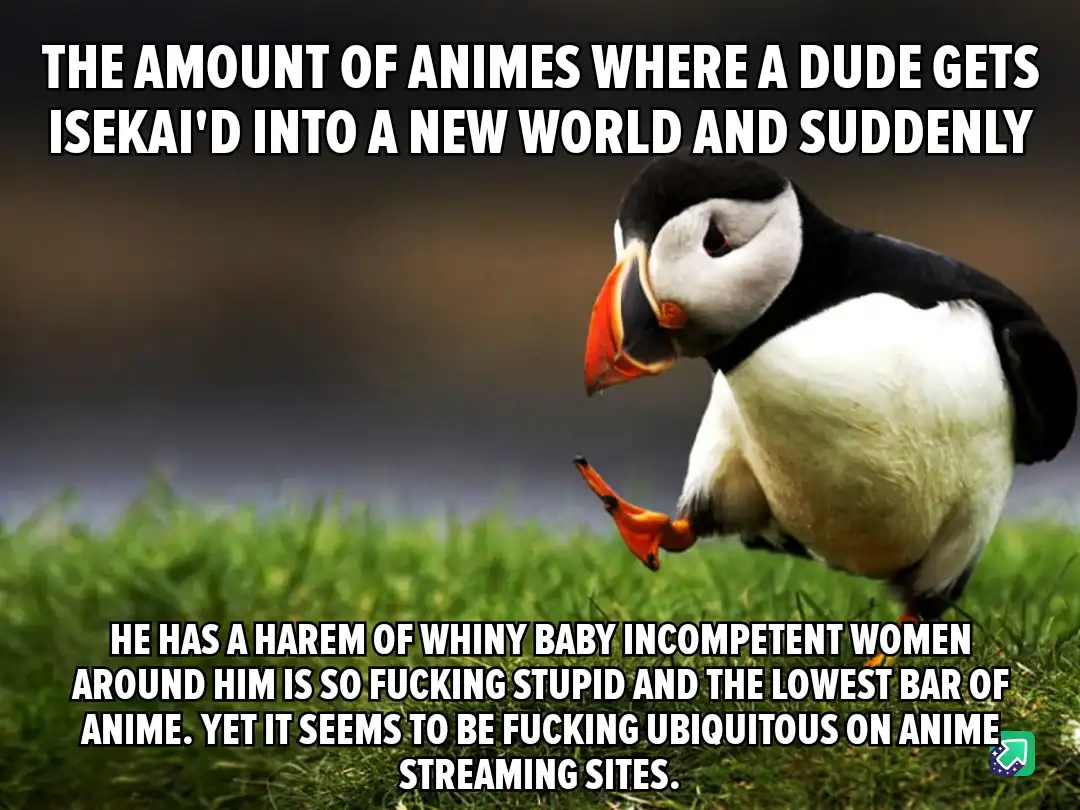 A photograph of a puffin standing on grass, looking down with a slightly confused or unimpressed expression. White bold text…