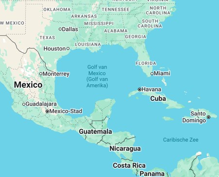 A map of North America and the Caribbean showing the Gulf of Mexico labeled as 'Gulf van Mexico (Golf van Amerika)' in…