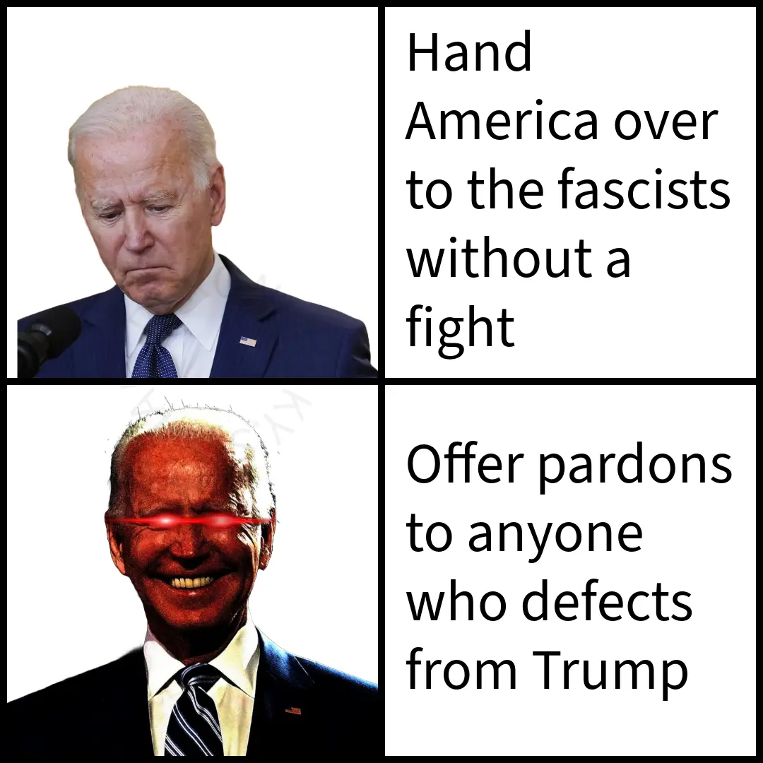 The meme features two panels of Joe Biden. The top panel shows him looking downcast with the text 'Hand America over to the…