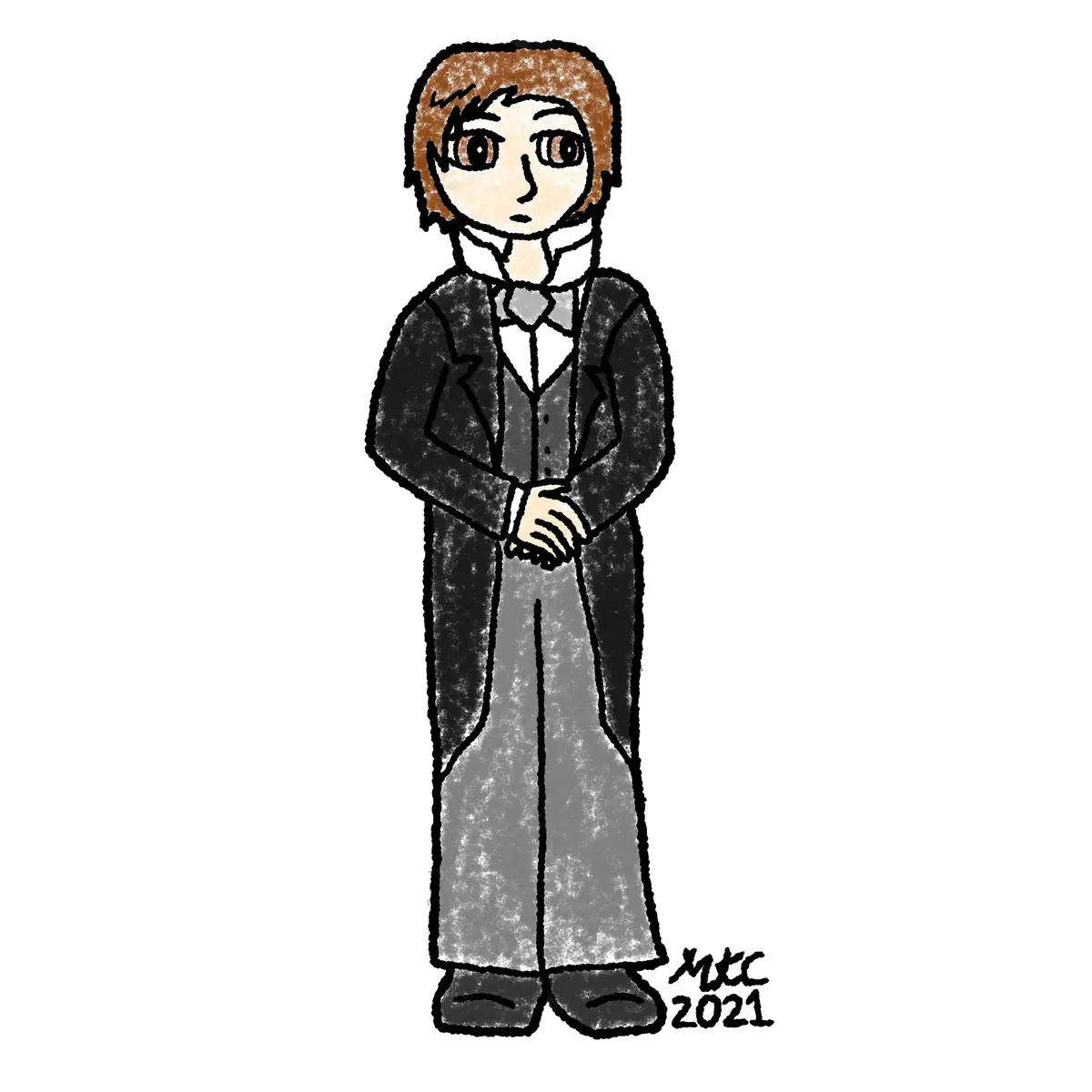A crudely drawn cartoon character with brown hair and a neutral expression stands in a full-length black coat, white shirt…