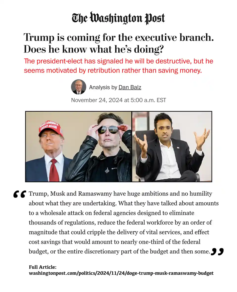The image displays a mock Washington Post article header with the headline 'Trump is coming for the executive branch. Does…