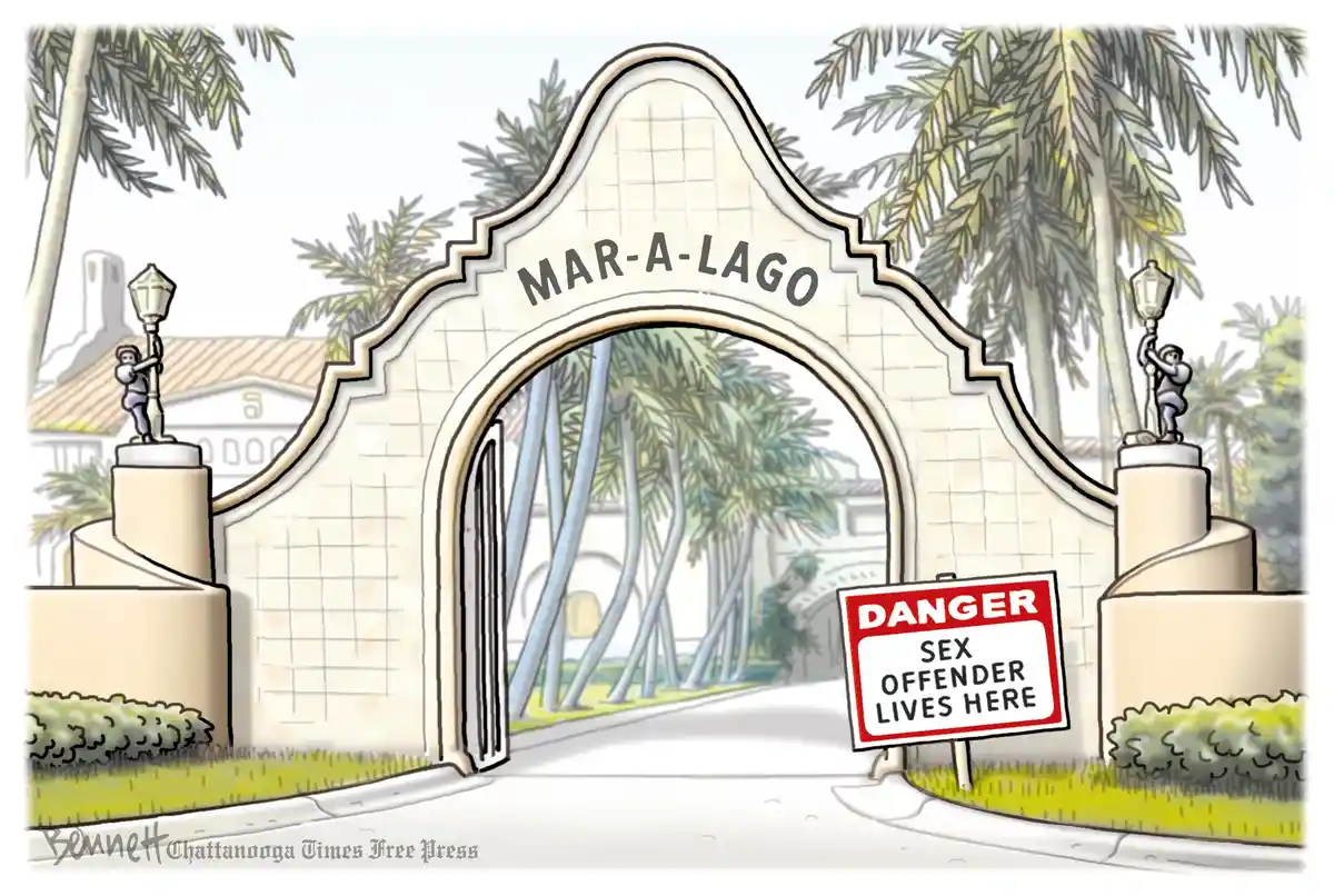 A cartoon illustration shows the grand entrance arch of Mar-a-Lago, flanked by palm trees and small statues on pedestals. In…